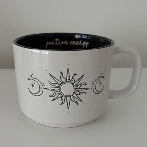 HAZEL & CO White Ceramic Mug with Sun and Moon Design ‘positive energy’ grey